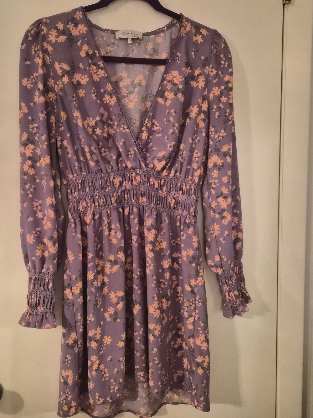 Wayf Lavender Floral V-Neck Smocked Waist Dress